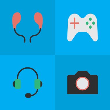 Vektör çizim basit Gadget simgeler kümesi. Öğeleri fotoğraf aparatları, mikrofon, Gamepad ve diğer eş anlamlı cihazları, kulaklık ve kamera.