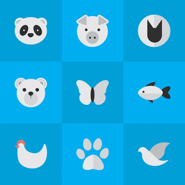 Wektor ilustracja zestaw prostych ikon dziki. Elementy Panda, niedźwiedź, ćma synonimów motyli, kot i kogut. — Wektor stockowy