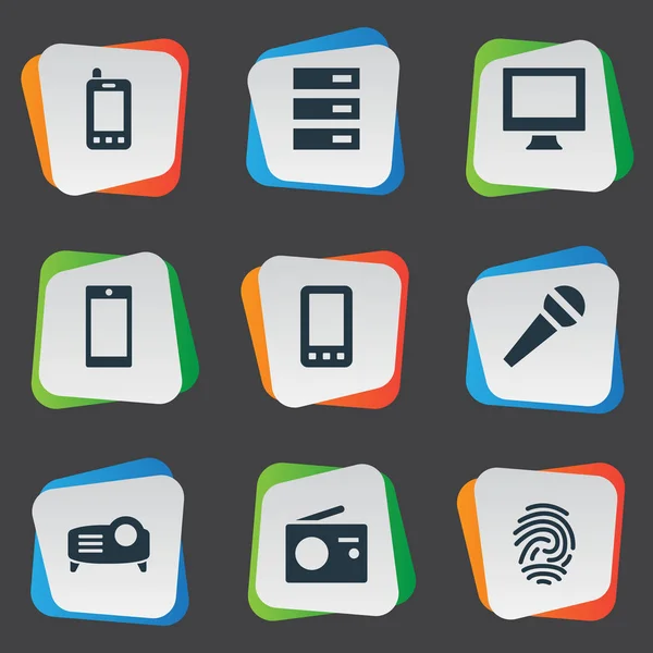 Vector Illustration Set of Simple Device Icons (en inglés). Elementos Monitor, Karaoke, Show y otros sinónimos Hardware, Micrófono y huella digital . — Archivo Imágenes Vectoriales