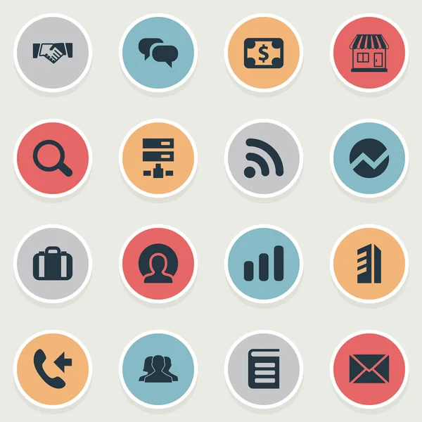 Vektör çizim basit ekip çalışması simgeler kümesi. Öğeleri Büyüteç, bilgi, mağaza ve diğer eş anlamlı inceleme, grafik ve röportaj.