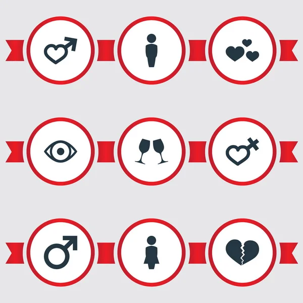 Vektör çizim basit Çift simgeler kümesi. Öğeleri göz, erkek, kalp ve diğer eş anlamlı adam bardağı ve nişan.