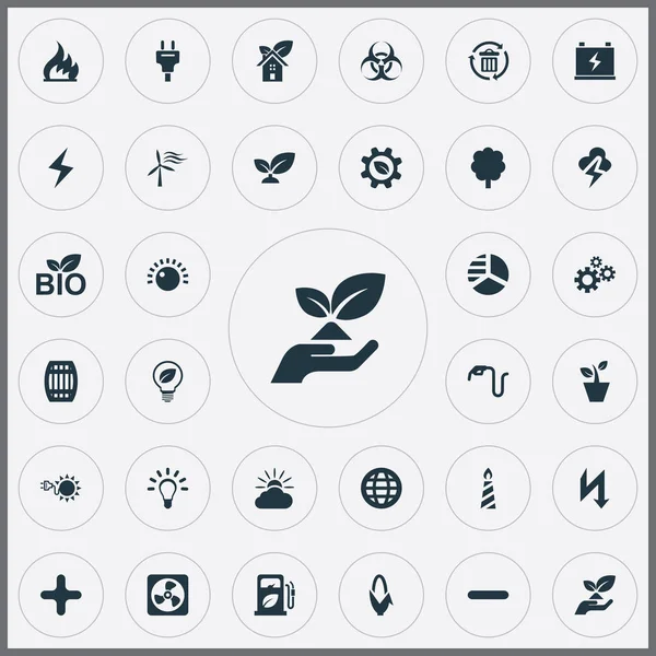 Vektör çizim basit bir güç simgeler kümesi. Öğeleri tak, eko ev, ampul ve diğer eş anlamlı güç, tahmin ve sera.