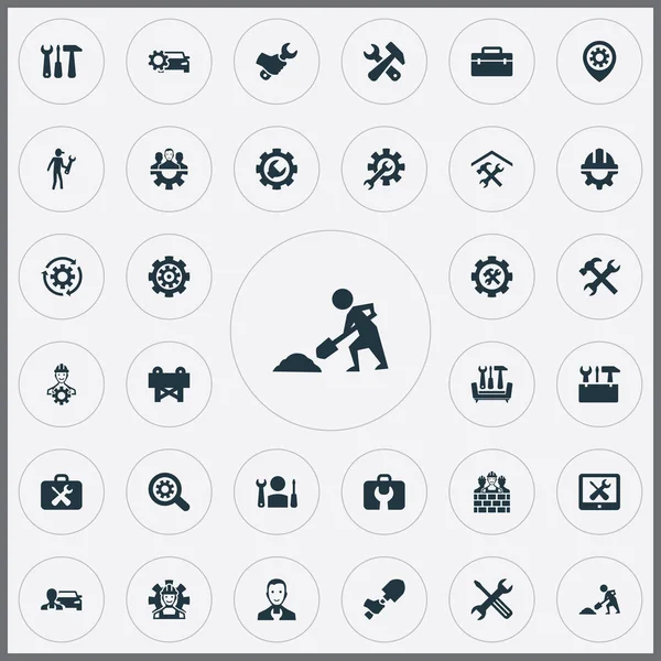 Vektör çizim basit sabitleme simgeler kümesi. Elemanları inşaat, usta, mekanik ve diğer eş anlamlı tekrarlanabilirlik, karikatür ve Büyüteç.