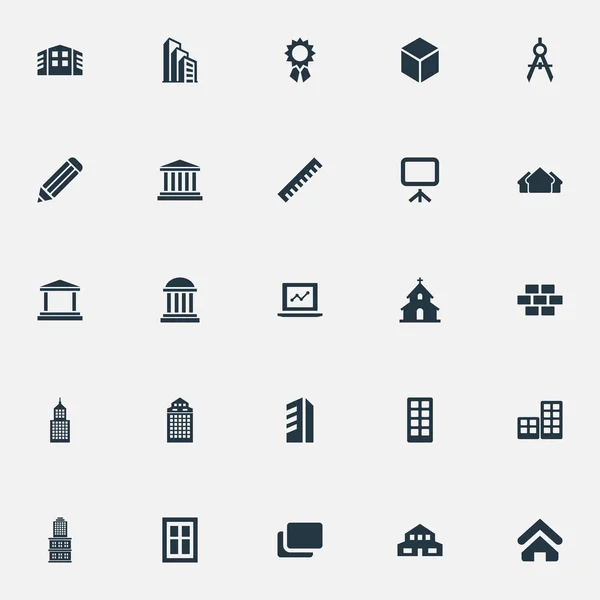 Vector Illustration Set of Simple Architecture Icons (en inglés). Elements Museum, Flat, Whiteboard y otros sinónimos Tres, Pilares y Medalla . — Archivo Imágenes Vectoriales