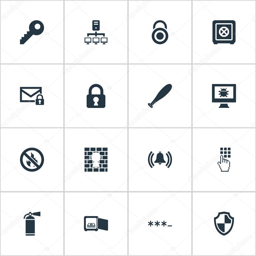 Vector Illustration Set Of Simple Secure Icons. Elements Extinguisher, Virus, Stick And Other Synonyms Code, Convict And Dartboard.