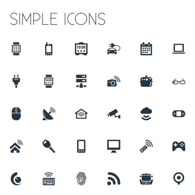 Vektör çizim basit Internet simge kümesi. Öğeleri soket, oyun denetleyicisi, kablosuz bağlantı ve diğer eş anlamlı kilidi, Internet ve tuş takımı.