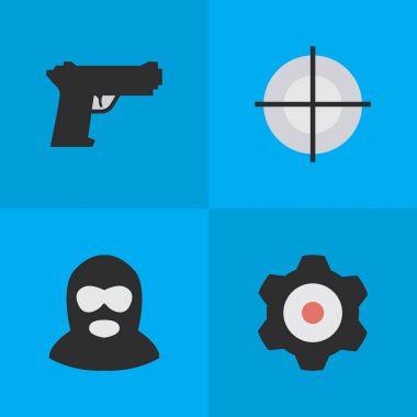 Vektör çizim basit suç simgeler kümesi. Öğeleri ceza, karikatür, keskin nişancı ve diğer eş zararlı, atış ve dişli.