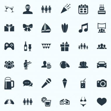 Vektör çizim basit parti simgeler kümesi. Öğeleri Tarih, şarap, müzisyen ve diğer eş anlamlı yazışma, konfeti ve 3d.
