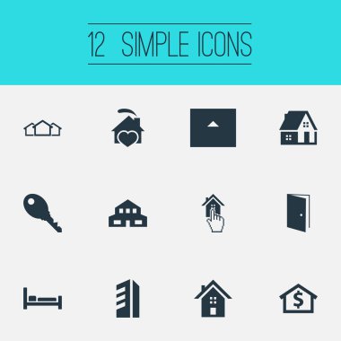 Vektör çizim basit özellik simgeler kümesi. Öğeleri Eko-evleri, yatak, sermaye ve diğer eş anlamlı Townhouse, ahır ve 3.