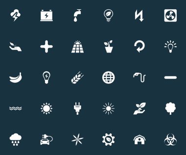 Vektör çizim basit ekoloji simgeler kümesi. Öğeleri sağnak, tedarik, Houseplant ve diğer eş anlamlı ampul soğutucu ve deniz.