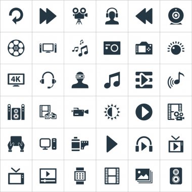 Vektör çizim basit simgeler kümesi. Öğeleri televizyon, çalma listesi, parlaklık ve diğer eş anlamlı film, projektör ve görüntüleme.