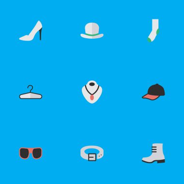 Vektör çizim basit ekipman simgeler kümesi. Öğeleri çorap, takı, kayış ve diğer eş giyim, askı ve kayış.