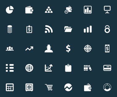 Vektör çizim basit Finans simgeler kümesi. Öğeleri kimlik doğrulama, grup, ilerleme ve diğer eş kontrol, daire ve grup.