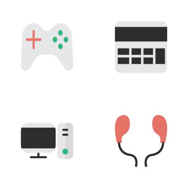 Vektör çizim basit araç simgeler kümesi. Öğeleri kulaklık, muhasebe, Pc ve diğer eş anlamlı monitör hesaplamak ve Joystick.