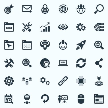 Vektör çizim basit arama simgeler kümesi. Öğeleri arama, büyüme, zincir ve diğer eş yenileme, füze ve bağlantı.