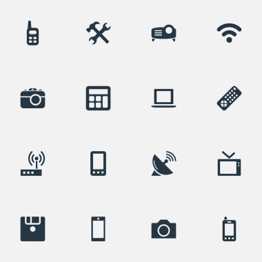 Vektör çizim basit bir teknoloji simgeler kümesi. Öğeleri Smartphone, fotoğraf çekimi, kablosuz bağlantı ve diğer eş anlamlı disket başvurun ve fotoğraf.
