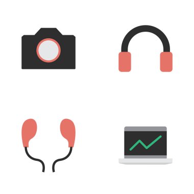 Vektör çizim basit Gadget simgeler kümesi. Öğeleri fotoğraf cihazları, dizüstü bilgisayar, kulaklık ve diğer eş anlamlı kulaklık ekran ve kulaklık.