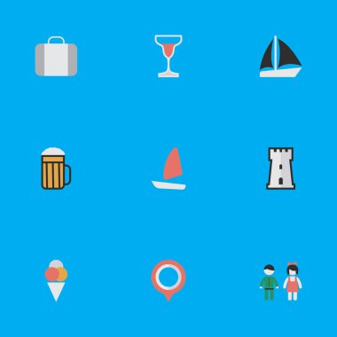 Vektör çizim sade seyahat etmek simge kümesi. Öğeleri sorbe, tekne, Pub ve diğer eş anlamlı yelkenli gemi ve savunma.