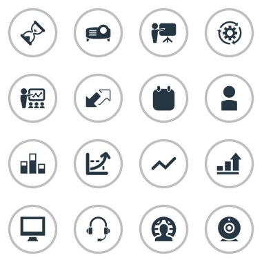 Vektör çizim basit sunu simgeler kümesi. Öğeleri analitik, işlem, artış grafiği ve diğer eş anlamlı Analytics iletişim ve ok.