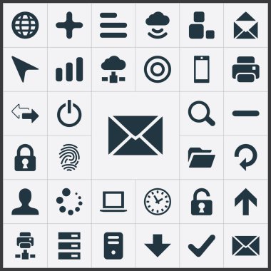 Vektör çizim basit bir uygulama simgeler kümesi. Öğeleri kaydırma, Büyüteç, aşağı ok ve diğer eş anlamlı Tamam, hedef ve eksi.