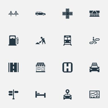 Vektör çizim basit kentsel simgeler kümesi. Benzin istasyonu, araba ve diğer eş yatak, inşa ve harita öğeleri alt kazma.