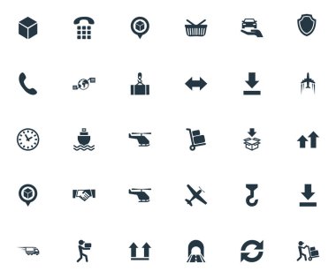 Vektör çizim basit sistematizasyonu simgeler kümesi. Öğeleri çalışan, aralığı, küresel ticaret ve yük kaldırma, diğer eş yukarı ve yenileme.