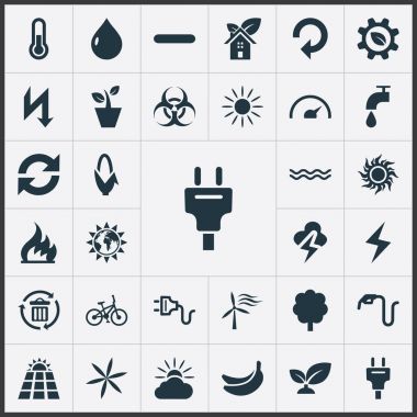 Vektör çizim basit bir güç simgeler kümesi. Öğeleri negatif, Mısır, yıldırım ve diğer eş geri dönüşüm, yeniden kullanım ve muz.