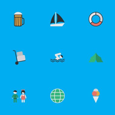 Vektör çizim sade seyahat etmek simge kümesi. Öğeleri Pub, deniz kurtarma, sorbe ve diğer eş anlamlı Schooner kamyon ve yolculuk.