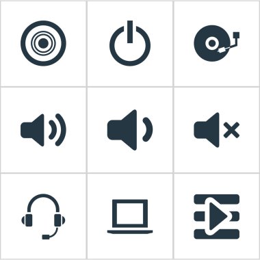 Vektör çizim basit oyun simgeler kümesi. Öğeleri yeni albüm, Web Player, ses ve diğer eş anlamlı Disk kulaklık ve çalma listesi.