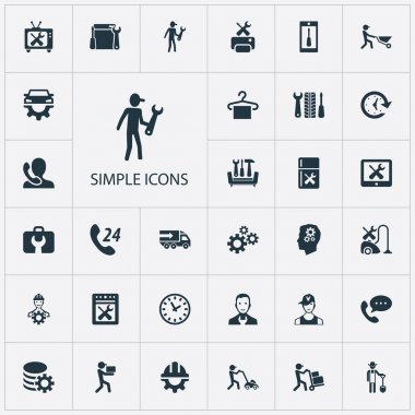 Vektör çizim basit yardımcı simgeler kümesi. Öğeleri dönemi, kask, restorasyon ve diğer eş anlamlı kask Equiplment ve kamyon.