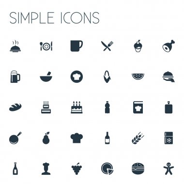 Vektör çizim basit gıda simgeler kümesi. Öğeleri Noel kurabiyeleri, sıcak yemek, somun ve diğer eş anlamlı bira, üzüm ve ekmek fırınları için.