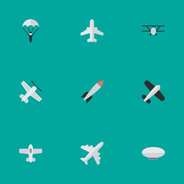 Vektör çizim basit uçak simgeler kümesi. Öğeleri Balonlar, mancınık, zanaat ve diğer eş anlamlı roket araç ve uçan.