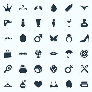 Vektör çizim basit güzellik simgeler kümesi. Öğeleri nemlendirici, bıyıklar, öp ve diğer eş anlamlı kelebek Mars ve kalp.