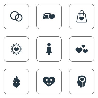 Vektör çizim basit duygular simgeler kümesi. Öğeleri güneş, tutku, düğün ve diğer eş anlamlı nişan üç ve çanta.