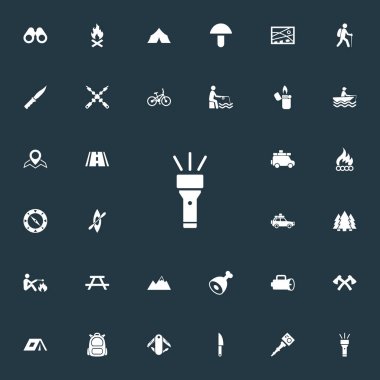 Vektör çizim basit açık simgeler kümesi. Öğeleri alev, kamp ateşi, balıkçılık ve diğer eş anlamlı gezinti tuval ve Woods.