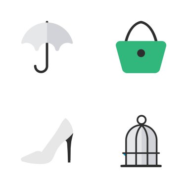Vektör çizim basit araç simgeler kümesi. Öğeleri kuş kafesi, topuk, kadın çantası ve diğer eş ayakkabı, kafes ve topuk.