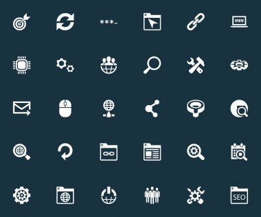 Vektör çizim basit inceleme simgeler kümesi. Öğeleri parola, fare, güç düğmesi ve diğer eş anlamlı dünya Yönlendirme ve Büyüteç.