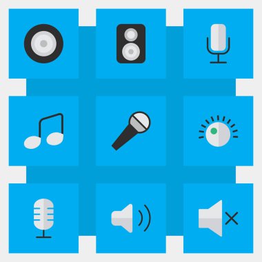 Vektör çizim basit ses simgeler kümesi. Öğeleri ses, kayıt, ses gücü ve diğer eş anlamlı hoparlör markası ve müzik.