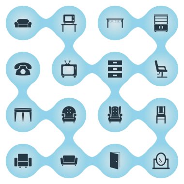 Vektör çizim basit mobilyalar simgeler kümesi. Öğeleri dışkı, çağdaş tasarım, ücretsiz Wi-Fi ve diğer eş anlamlı dışkı, konfor ve kapı.