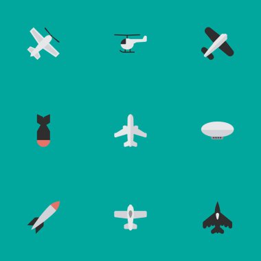 Vektör çizim basit uçak simgeler kümesi. Öğeleri uçak, tekne, Havacılık ve diğer eş anlamlı helikopter uçuş ve roket.