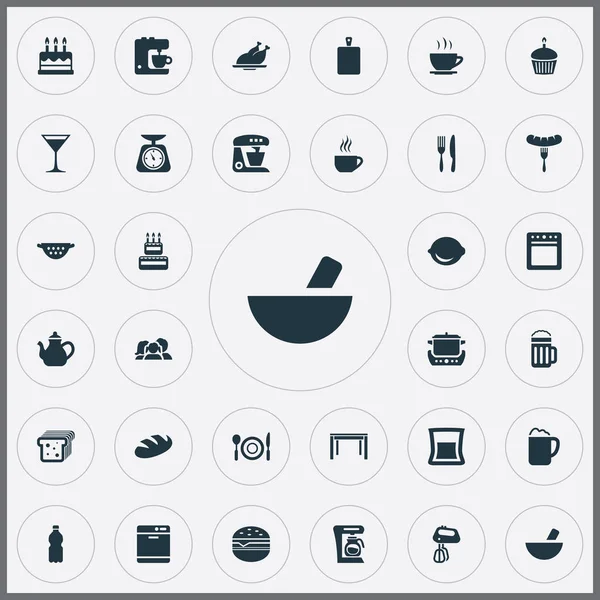 Vector Illustration Set Of Simple Cuisine Icons (dalam bahasa Inggris). Elemen Hot Dog, Cocktail, Stove And Other Synonyms Table, Maker And Wheat . - Stok Vektor