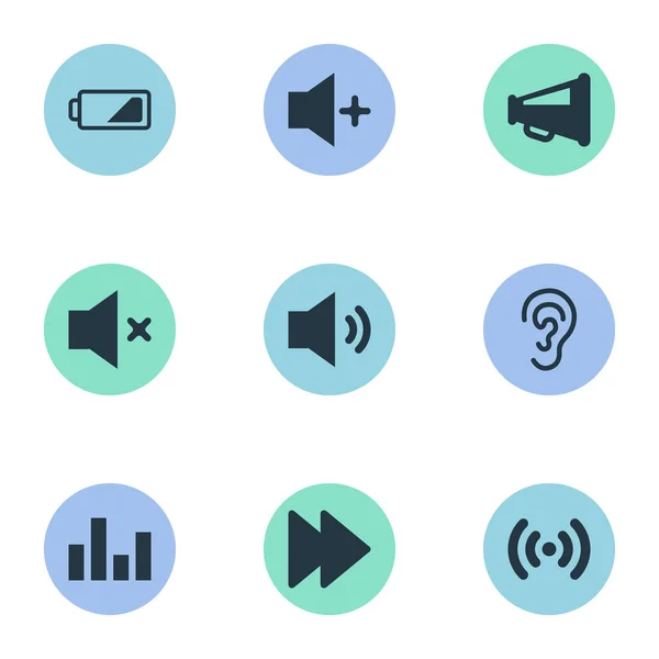Wektor ilustracja zestaw prostych ikon Audio. Elementy dalej, Plus, gracz i inne synonimy Power, Radio i ucha. — Wektor stockowy