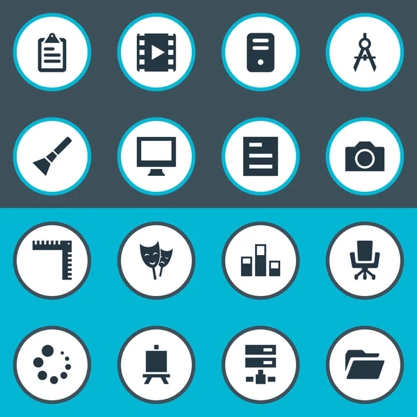 Vektör çizim basit simge simgeler kümesi. Öğeler yükleniyor, el feneri, film eş anlamlı örnek, belge ve Gadget.