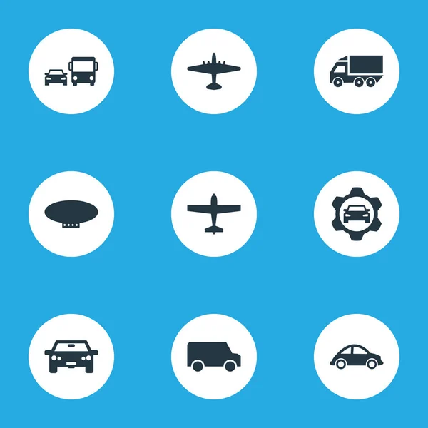 Illustrazione vettoriale Set di icone di spedizione semplice. Elementi Automotive, Van, Airliner e altre sinonimi dirigibile, pubblico e auto . — Vettoriale Stock