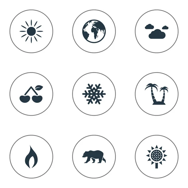 Wektor ilustracja zestaw ikon proste ekologia. Elementy Berry, niedźwiedzia polarnego, światło słoneczne i inne synonimy planety, Cherry i połysk. — Wektor stockowy