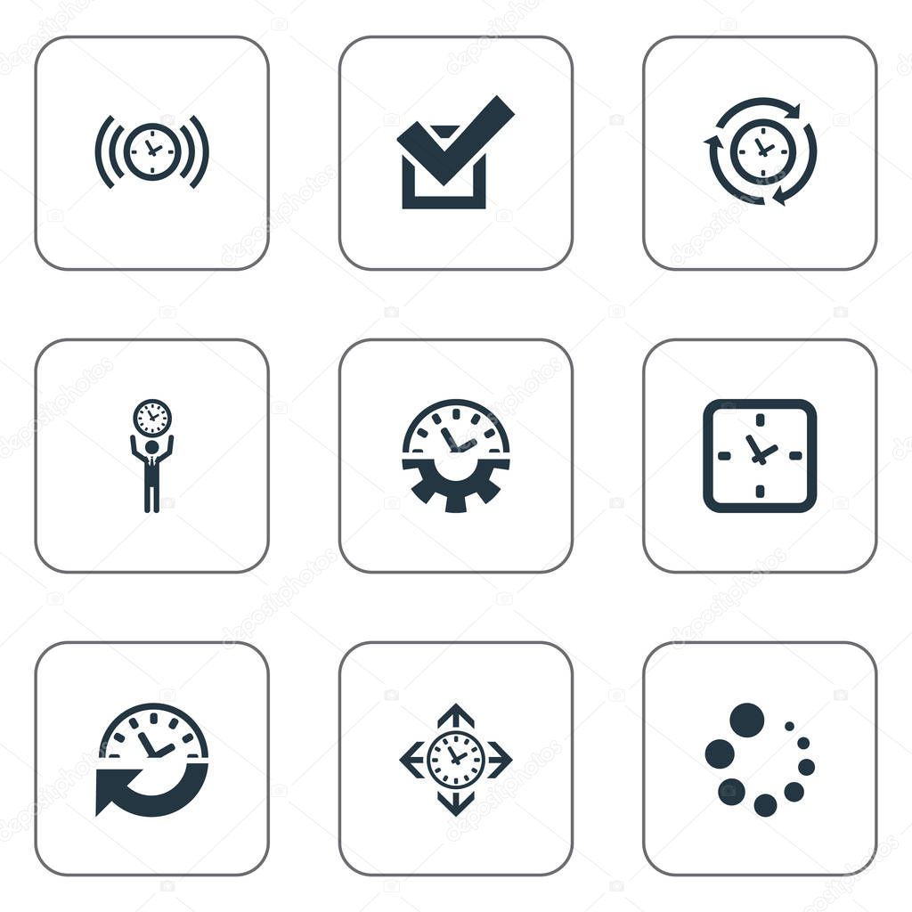 Vector Illustration Set Of Simple Time Icons. Elements Loading, Direction, Recurrence And Other Synonyms Period, Compatibility And Grade.