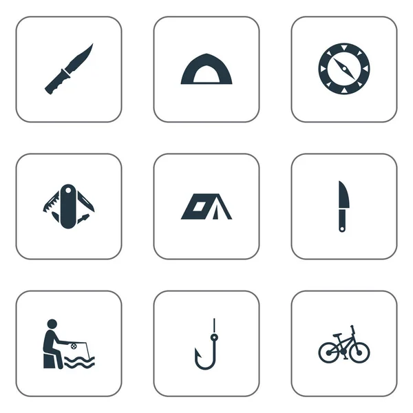 Vector Illustration Set Of Simple Camp Icons. Elements Swiss Army Knife, Fishing, Touristic Blade And Other Synonyms Tackle, Fishman And Tourism. — Stock Vector