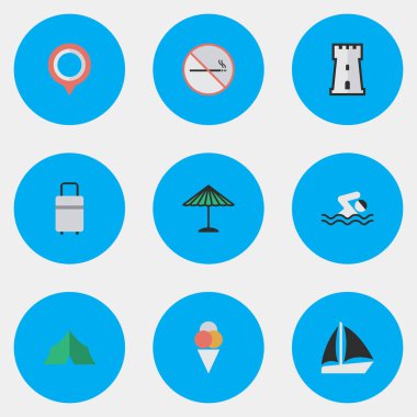 Vektör çizim basit tatil simgeler kümesi. Öğeleri sorbe, Schooner, havuz ve diğer eş kamp, tekne ve kule.