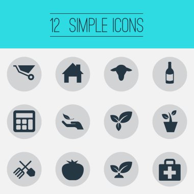 Vektör çizim basit hasat simgeler kümesi. Öğeleri alkol içecek, Bahçe Bitkileri donanımları, Buffalo ve diğer eş anlamlı sığır, matematik ve ekipman.