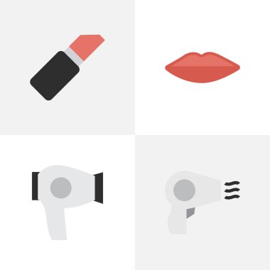 Vektör çizim basit zerafet simgeler kümesi. Öğeleri saç kurutma, pomad, dudaklar ve diğer eş anlamlı kozmetik, saç kurutma ve pomad.